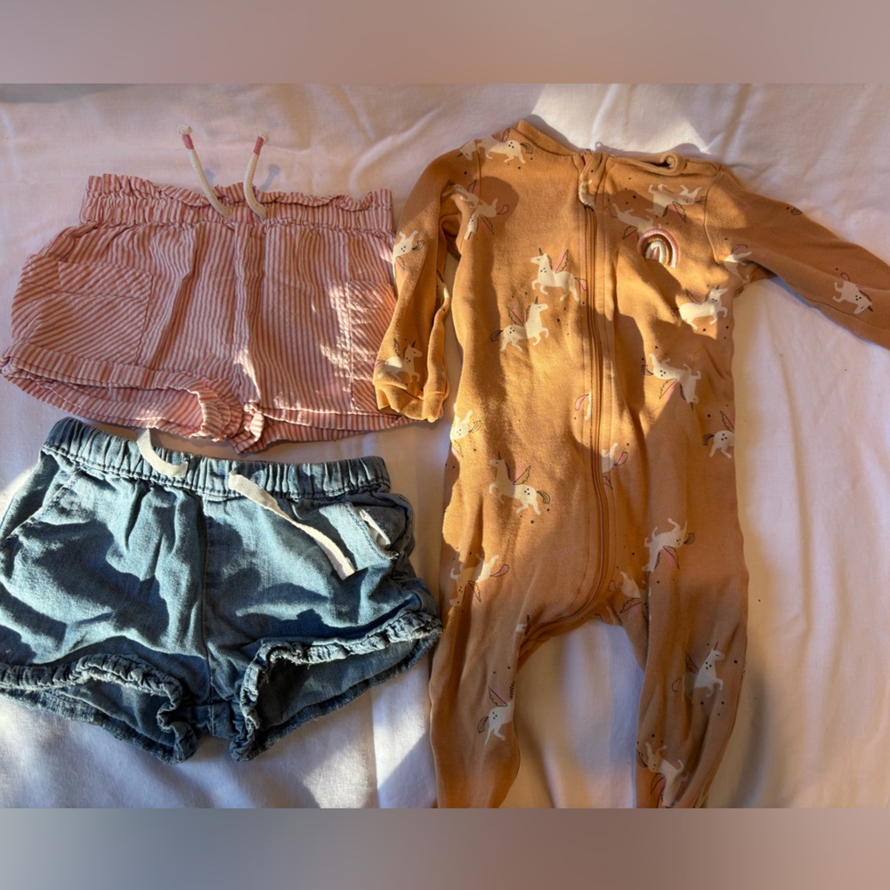 9-12 month girls Kids Tan pj’s and Blue & pink Bottoms Set